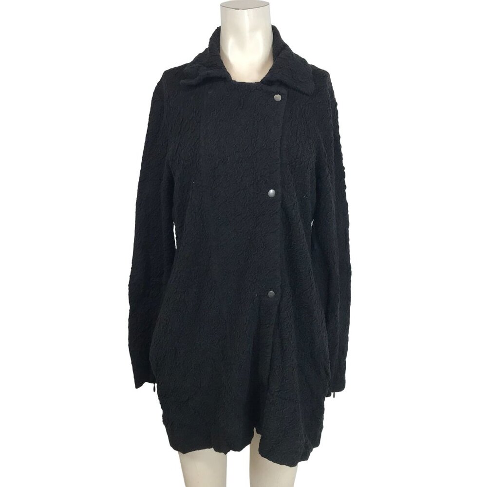EILEEN FISHER - WOMEN'S MEDIUM BLACK SNAP CLOSURE COLLARED TEXTURED JACKET